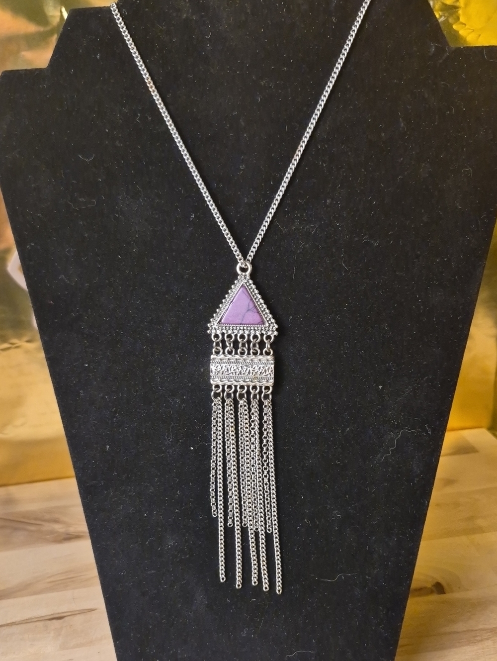 Silver-Tone Purple Triangle Tassel Pendant Necklace - Women Jewelry